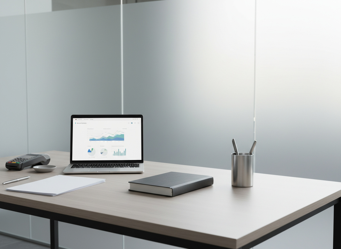 A meticulously organized, ultra-modern office desk with a closed charcoal-gray ledger book, brushed metal pen holder, and an open silver laptop displaying minimalist financial charts. The surface is a matte-finished, pale ash wood, free of clutter, with crisp white paper and muted neutral accessories strategically placed. Set near a broad, frosted glass wall, soft natural daylight enters, producing balanced highlights and controlled shadows that accentuate the precise arrangement. Captured from a slightly elevated angle with sharp focus throughout, the image exudes calm professionalism and corporate clarity. The aesthetic is clean, modern, and highly structured, reflecting efficient bookkeeping and financial order.