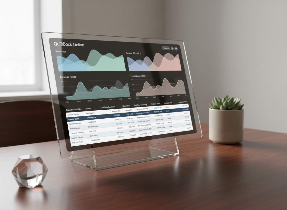 A sleek, glass-encased digital display showing a seamless QuickBooks Online integration dashboard, featuring organized graphs and ledgers with soft pastel accents. The display is perched on a tidy, angular acrylic stand atop a deep walnut executive desk, surrounded by minimal accessories like a geometric paperweight and a neutral ceramic planter. Soft ambient office lighting illuminates the scene, gently reflecting off both the glass screen and polished desk surface. The scene is composed from a slight side perspective, emphasizing the clarity and intuitiveness of digital financial management. The mood is innovative yet serene, embodying a structured, corporate modernism in photographic realism.