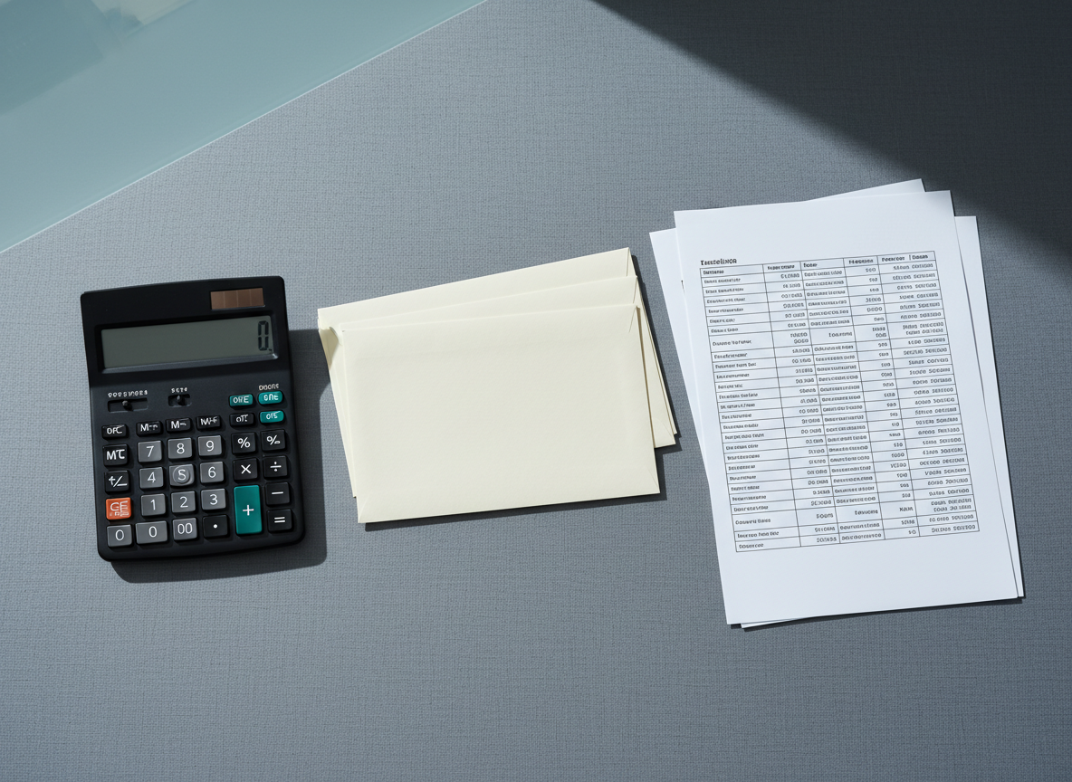 A refined arrangement of classic accounting tools—matte black calculator, a stack of smooth-textured, cream-colored envelopes, and precision-aligned financial worksheets—set atop a slate-gray, linen-textured desktop. Subtle, cool daylight slips in from a partially visible frosted partition, casting crisp, defined shadows and enhancing the tactile quality of each object. The viewpoint is an overhead, rule-of-thirds composition, drawing attention to the balanced spacing and thoughtful placement. This scene conveys reliability, efficiency, and attention to detail, aligning perfectly with a professional bookkeeping firm's visual identity. The style is minimalist yet authoritative, in line with a clean, businesslike photographic approach.