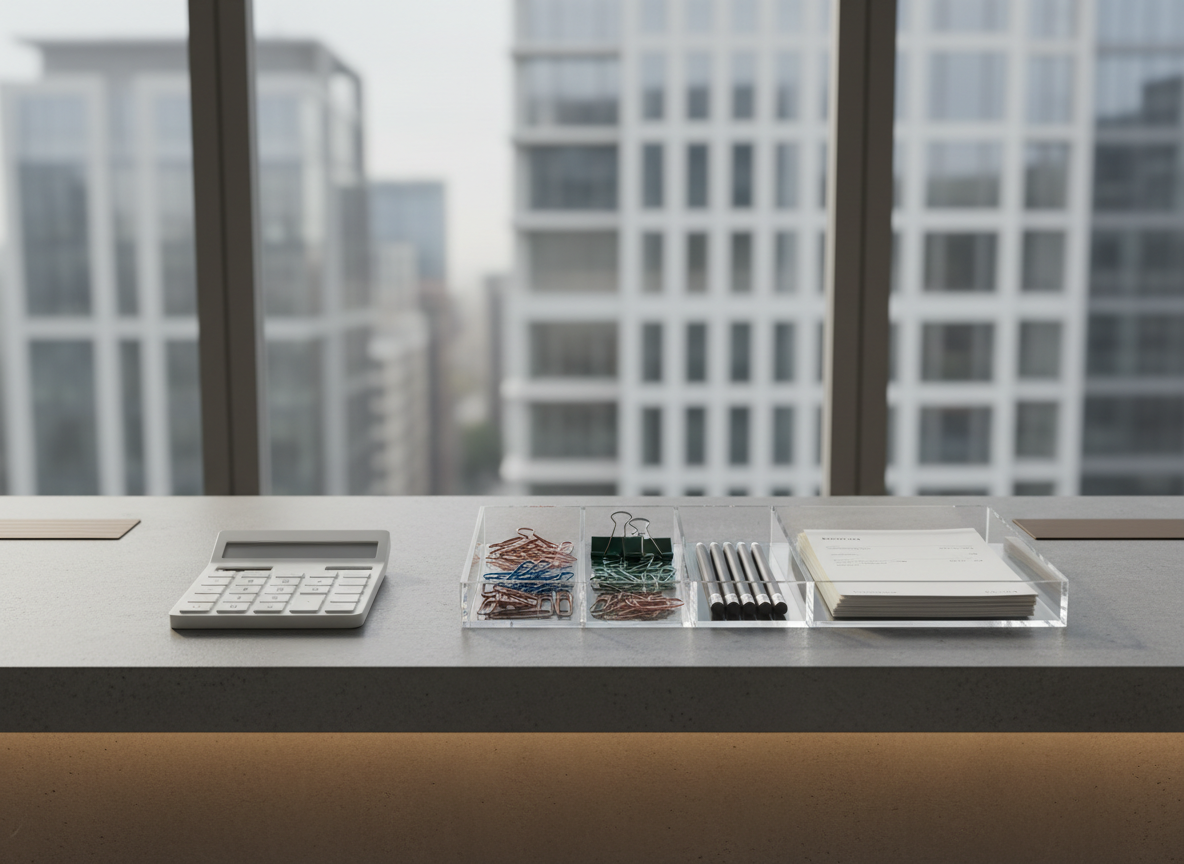 A tastefully designed desktop with a slim, elegant white calculator and a neatly organized tray containing color-coded paperclips, smooth graphite pencils, and folded invoices in neutral envelopes. The surface is a smooth concrete texture, with a background of a blurred cityscape visible through a large, floor-to-ceiling window. The light is bright but diffused, typical of an overcast midday, producing gentle shadows and a serene, disciplined atmosphere. Captured from a horizontal angle at desktop height, this image embodies practical productivity, sophistication, and financial clarity, rendered in crisp, photographic detail with perfect corporate balance.