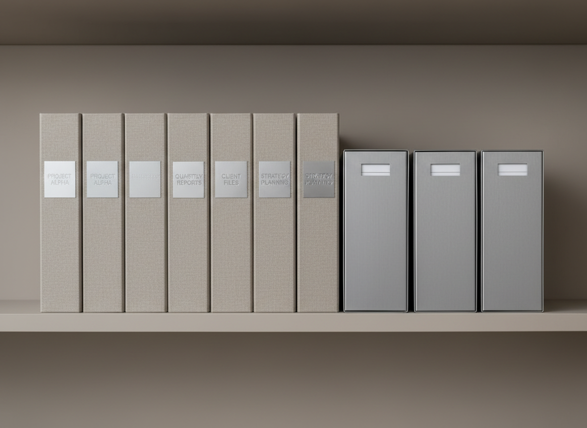 A visually striking close-up of a crisp, neatly stacked row of neutral-toned business binders and smooth, metallic file organizers on a floating shelf against a cool taupe wall. Each binder is neatly labeled, with embossed silver titles that catch gentle overhead office lighting, creating subtle, sophisticated highlights. The arrangement is perfectly aligned, with clear spaces between, emphasizing balance and precision. Photographed head-on at eye level, this composition radiates organizational excellence and stress-free document management. The overall mood is calm, orderly, and highly professional, with an emphasis on clean lines and a contemporary photographic style.
