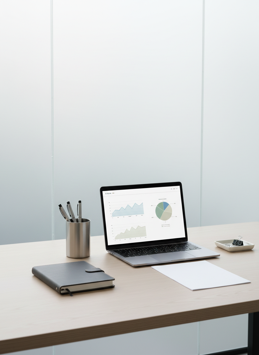 A meticulously organized, ultra-modern office desk with a closed charcoal-gray ledger book, brushed metal pen holder, and an open silver laptop displaying minimalist financial charts. The surface is a matte-finished, pale ash wood, free of clutter, with crisp white paper and muted neutral accessories strategically placed. Set near a broad, frosted glass wall, soft natural daylight enters, producing balanced highlights and controlled shadows that accentuate the precise arrangement. Captured from a slightly elevated angle with sharp focus throughout, the image exudes calm professionalism and corporate clarity. The aesthetic is clean, modern, and highly structured, reflecting efficient bookkeeping and financial order.